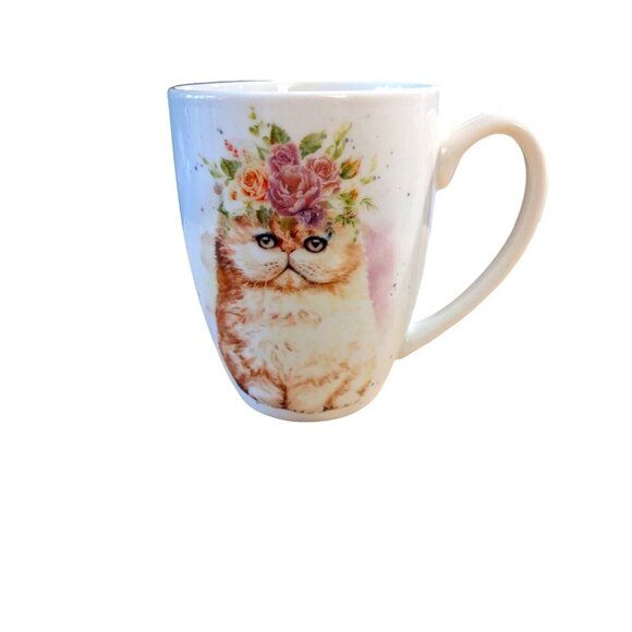 Coffee Tea Mug Ceramic Pretty Cat With Flower Crown White Pastel Colors 12 oz - Picture 1 of 6